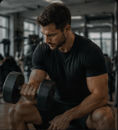 Aluno em treino de hipertrofia com halteres
